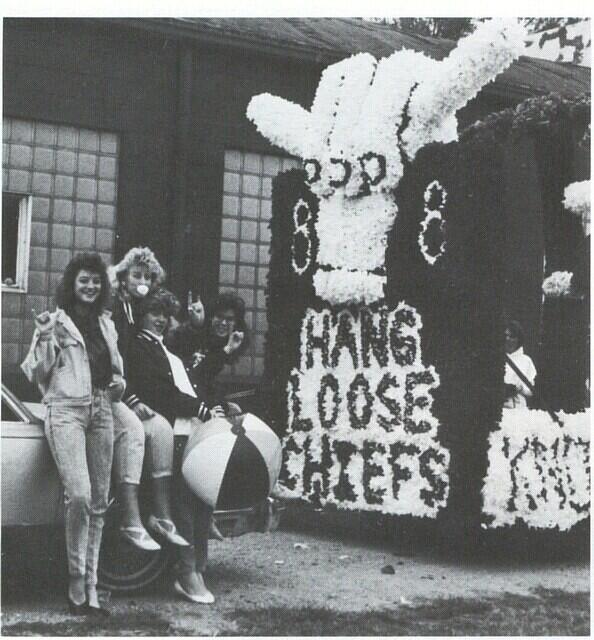 Jenny Scott and Tracy Feltner and Tricia Ward and Gretchen VanGundy with the famous float